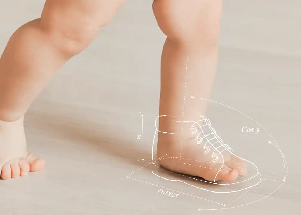 Des pieds de bébé avec un contour de chaussure esquissé superposé sur un pied.