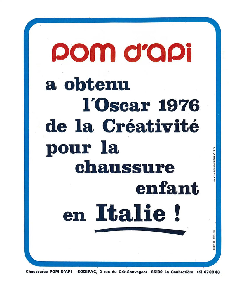 Annonce publicitaire en français annonçant l'Oscar de la créativité de Pom d'Api en 1976 pour les chaussures pour enfants en Italie.